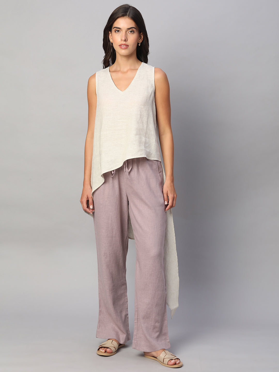 Women's Beige 100% Linen Regular Fit Blouse