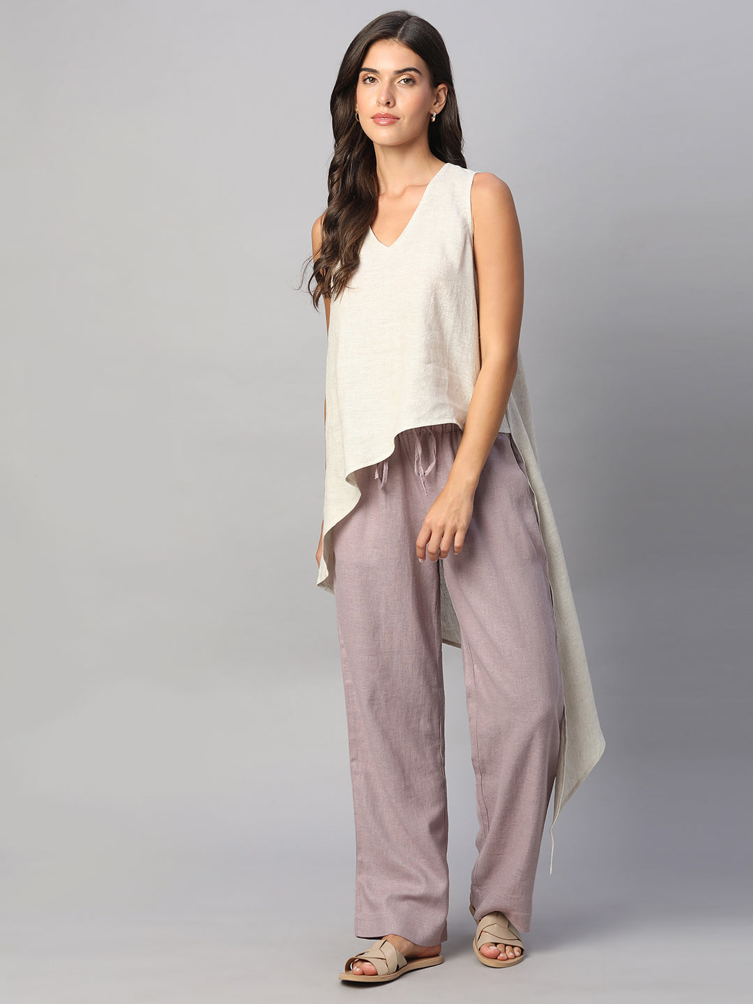 Women's Beige 100% Linen Regular Fit Blouse