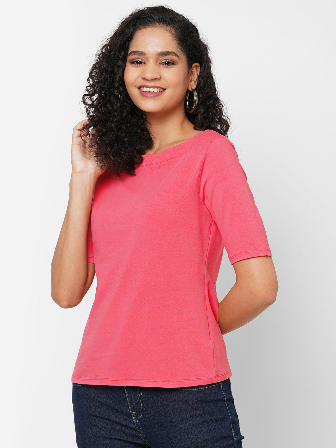 Womens Pink Cotton Elastane Regular Fit Tshirt