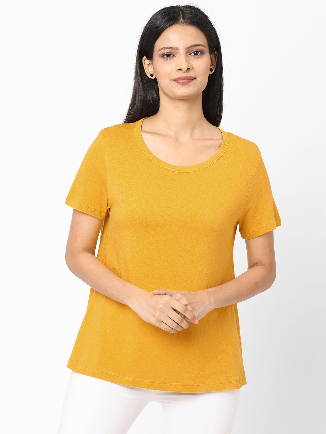 Womens Mustard Cotton Modal Regular Fit Tshirt