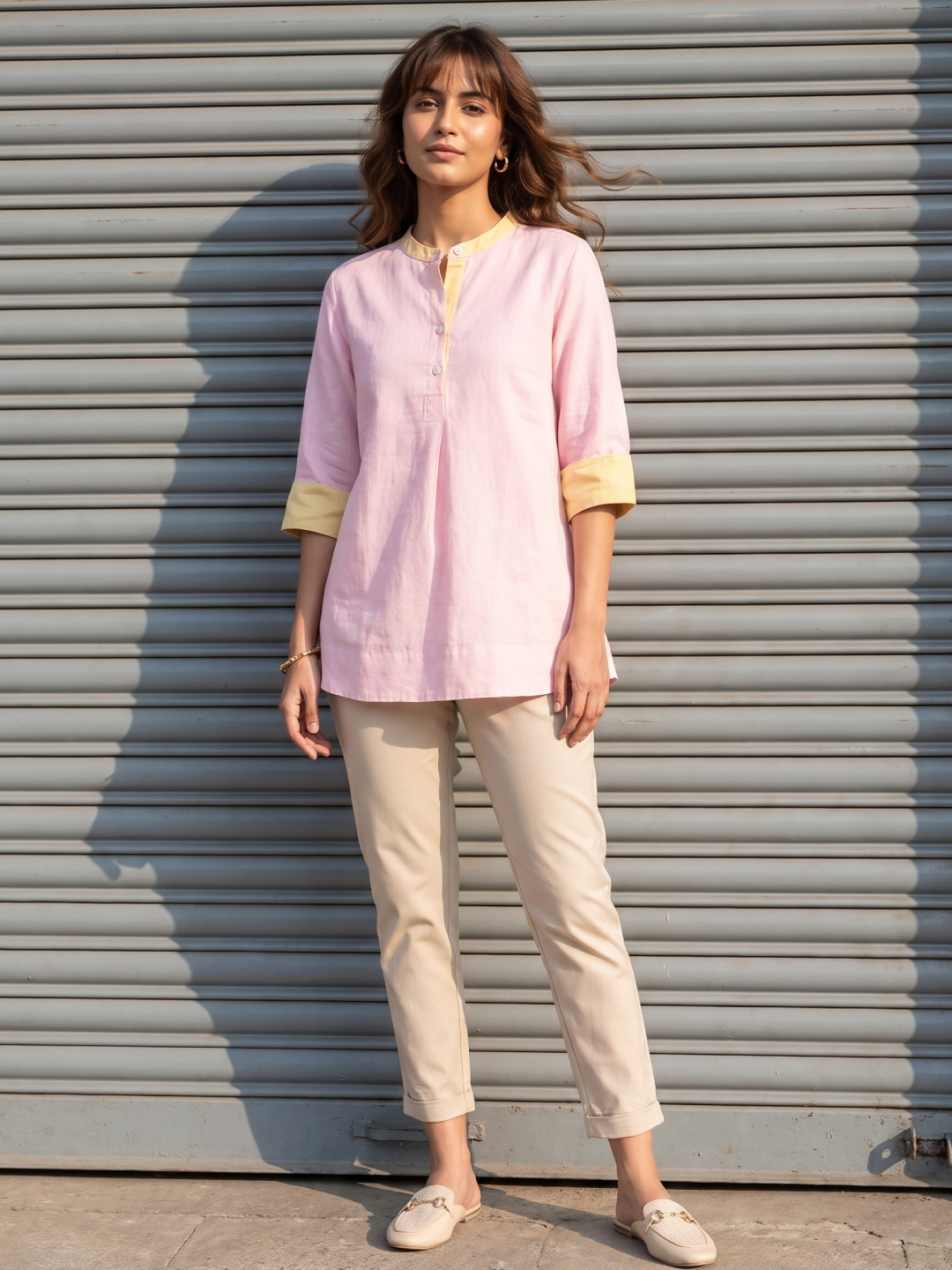 Women's Pink Linen Cotton Regular Fit Blouse