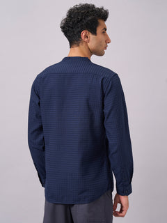 Men’s Cotton Regular Fit Textured Band Collar Shirt Navy