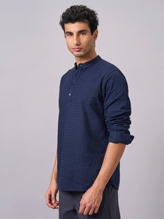 Men’s Cotton Regular Fit Textured Band Collar Shirt Navy