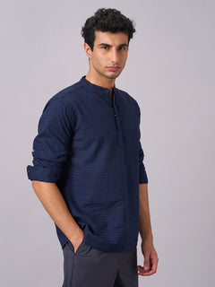 Men’s Cotton Regular Fit Textured Band Collar Shirt Navy