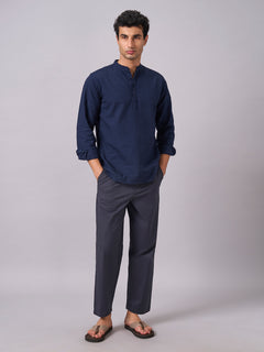 Men’s Cotton Regular Fit Textured Band Collar Shirt Navy