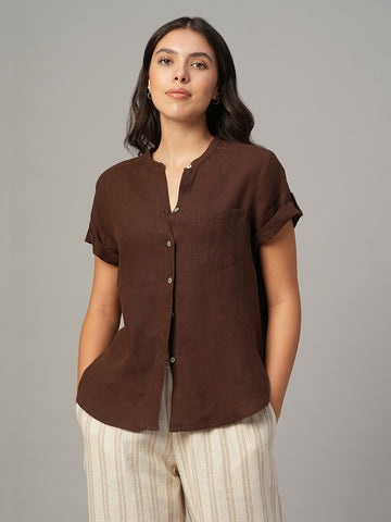 Women's Brown 100% Linen Regular Fit Blouse