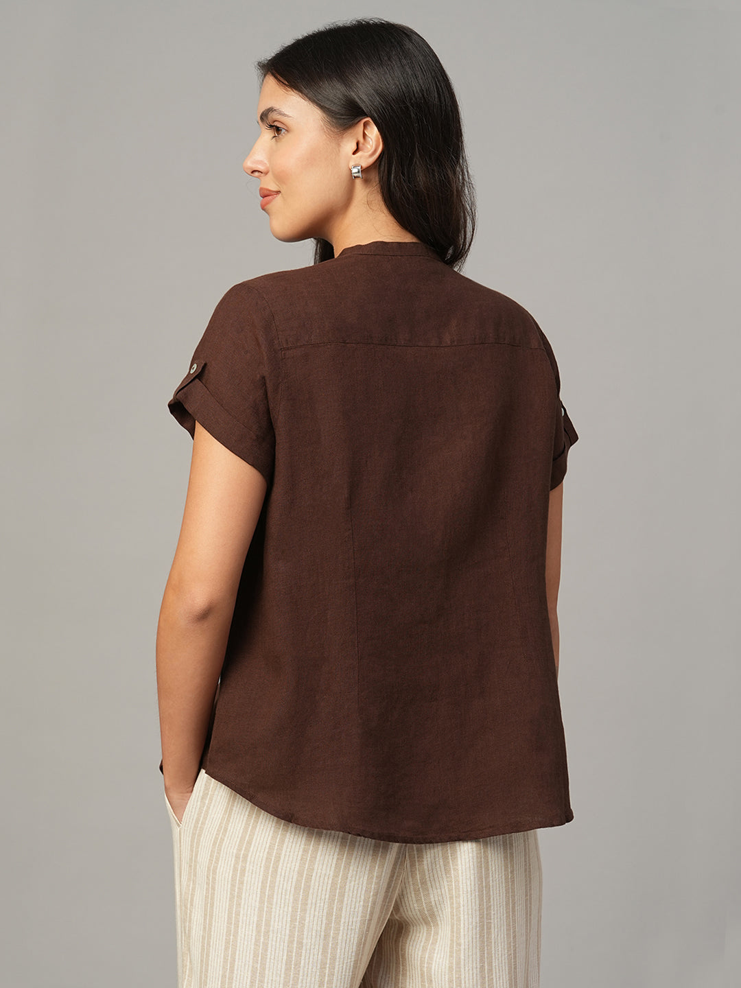 Women's Brown 100% Linen Regular Fit Blouse