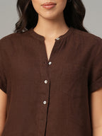 Women's Brown 100% Linen Regular Fit Blouse