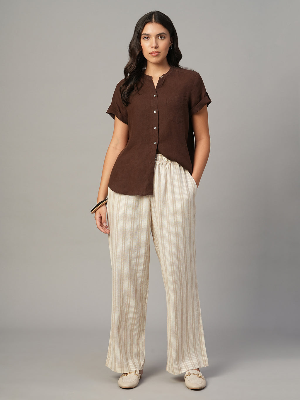 Women's Brown 100% Linen Regular Fit Blouse
