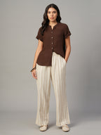 Women's Brown 100% Linen Regular Fit Blouse