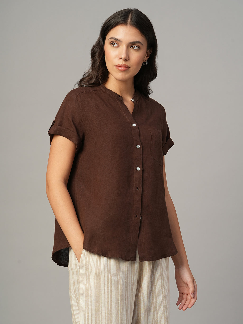 Women's Brown 100% Linen Regular Fit Blouse