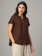 Women's Brown 100% Linen Regular Fit Blouse
