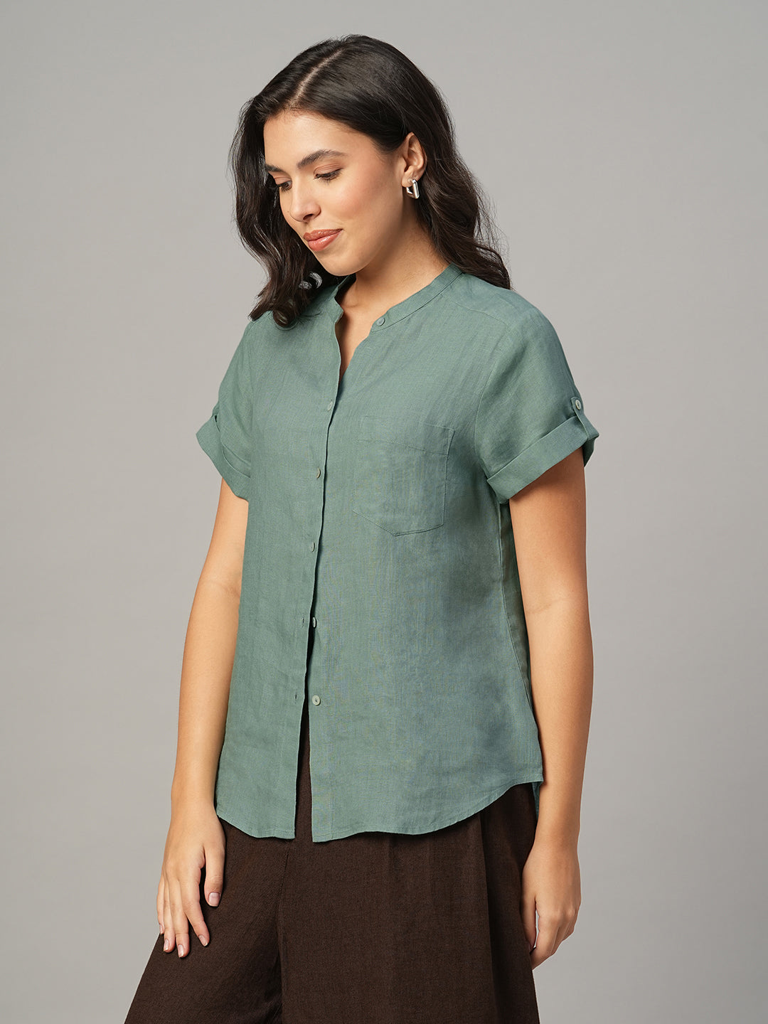 Women's Green 100% Linen Regular Fit Blouse