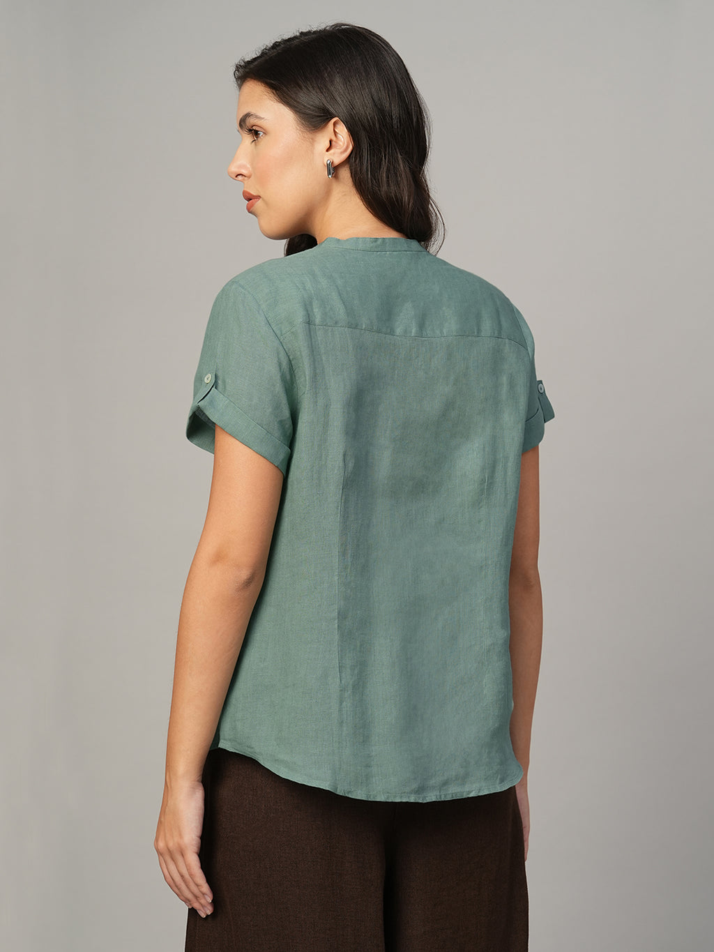 Women's Green 100% Linen Regular Fit Blouse