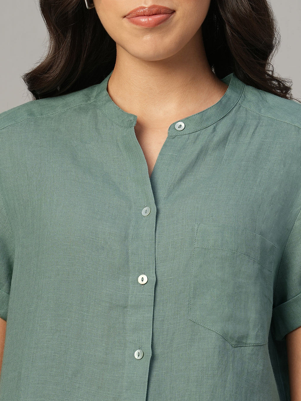 Women's Green 100% Linen Regular Fit Blouse