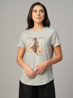 Women's Ecru Melan 100% Cotton Regular Fit Tshirt