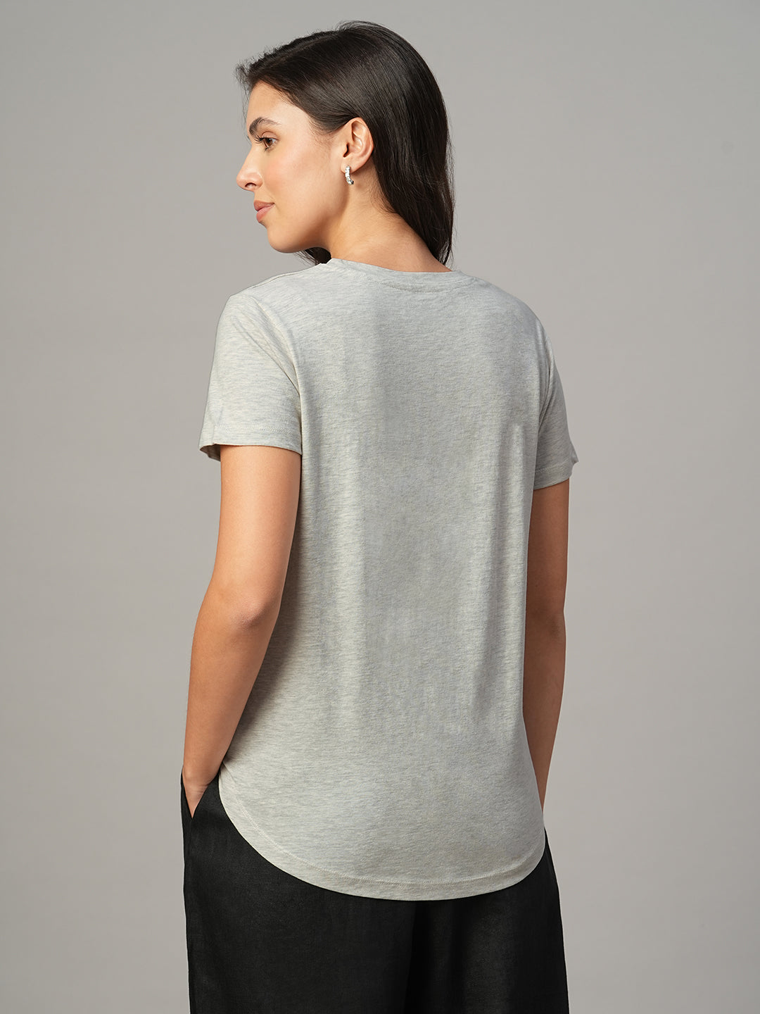 Women's Ecru Melan 100% Cotton Regular Fit Tshirt