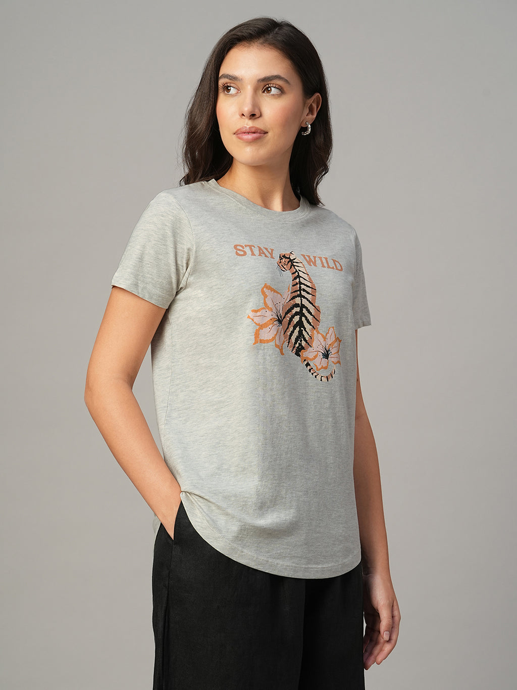 Women's Ecru Melan 100% Cotton Regular Fit Tshirt