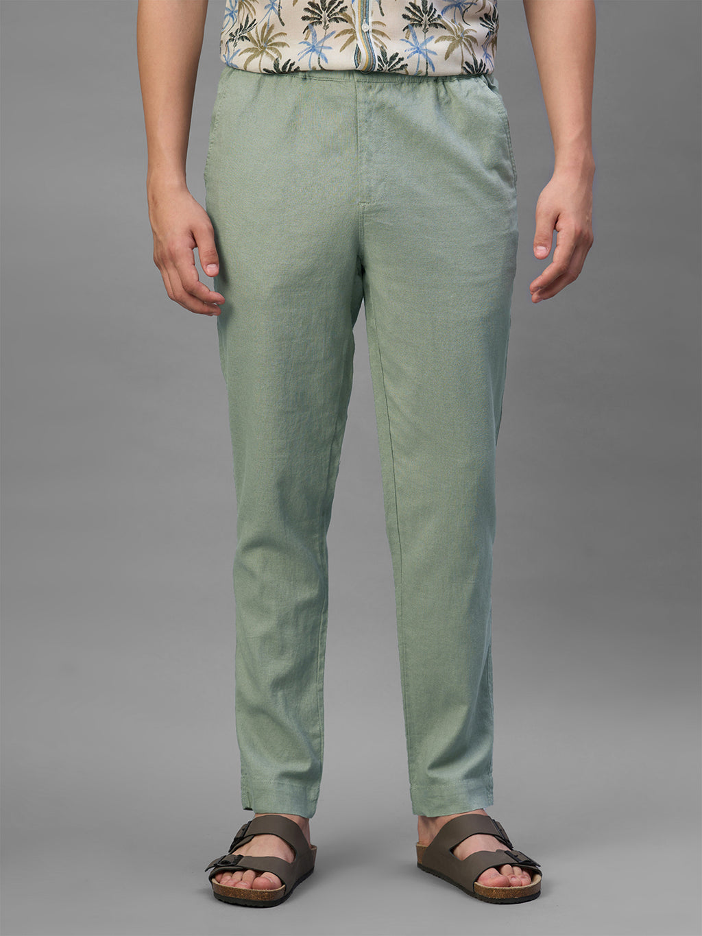 Men's Green Cotton Linen Regular Fit Pant