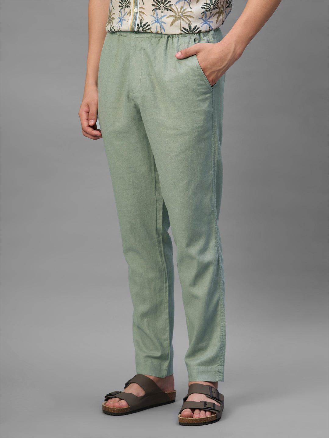 Men's Green Cotton Linen Regular Fit Pant