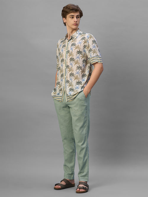 Men's Green Cotton Linen Regular Fit Pant