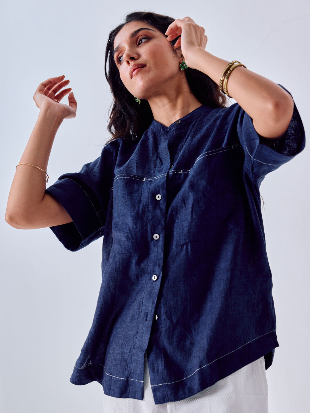 Women's Navy 100% Linen Boxy Fit Blouse