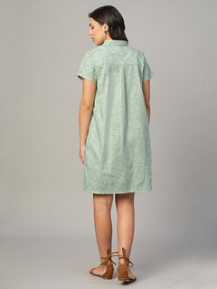 Women's Light Green 100% Cotton Regular Fit Dress