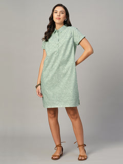 Women's Light Green 100% Cotton Regular Fit Dress