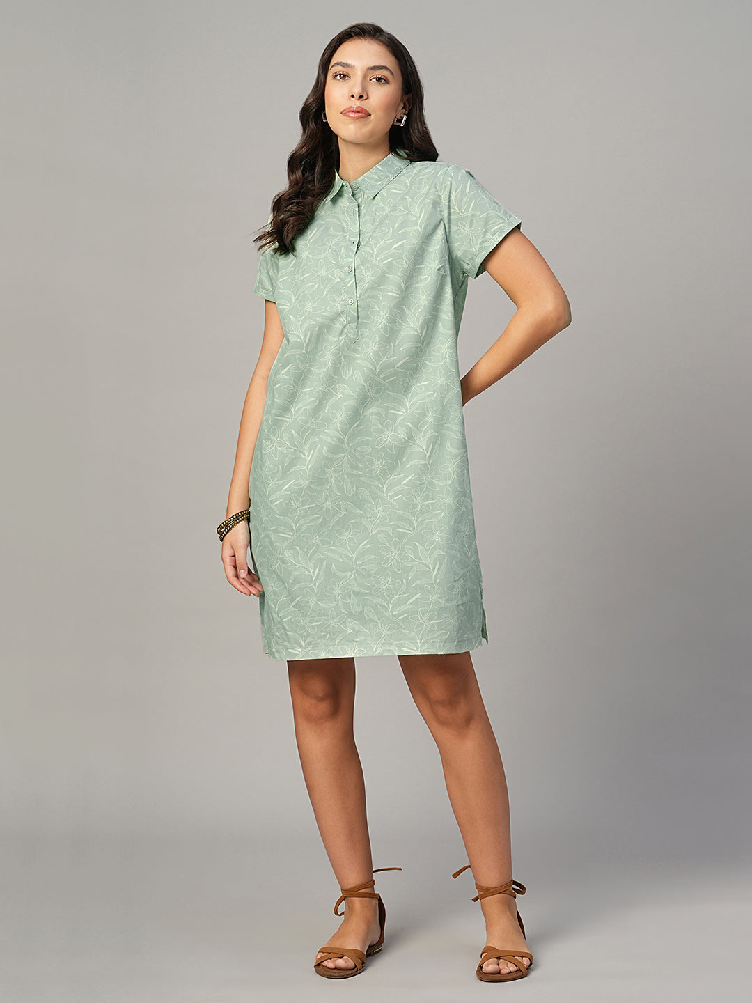 Women's Light Green 100% Cotton Regular Fit Dress