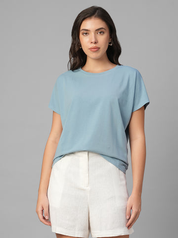Women's Blue Cotton Bamboo Elastane Relax Fit Tshirt