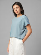 Women's Blue Cotton Bamboo Elastane Relax Fit Tshirt