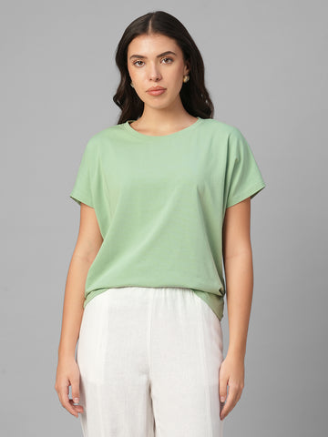 Women's Green Cotton Bamboo Elastane Relax Fit Tshirt