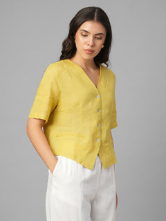 Women's Mustard 100% Linen Regular Fit Blouse