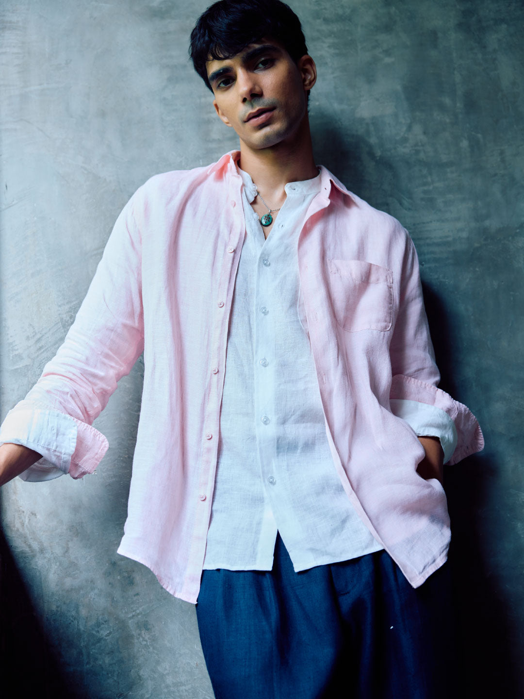 Men's Pink 100% Linen Regular Fit Shirt