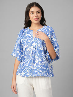 Women's Blue 100% Cotton Regular Fit Blouse