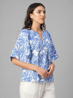 Women's Blue 100% Cotton Regular Fit Blouse