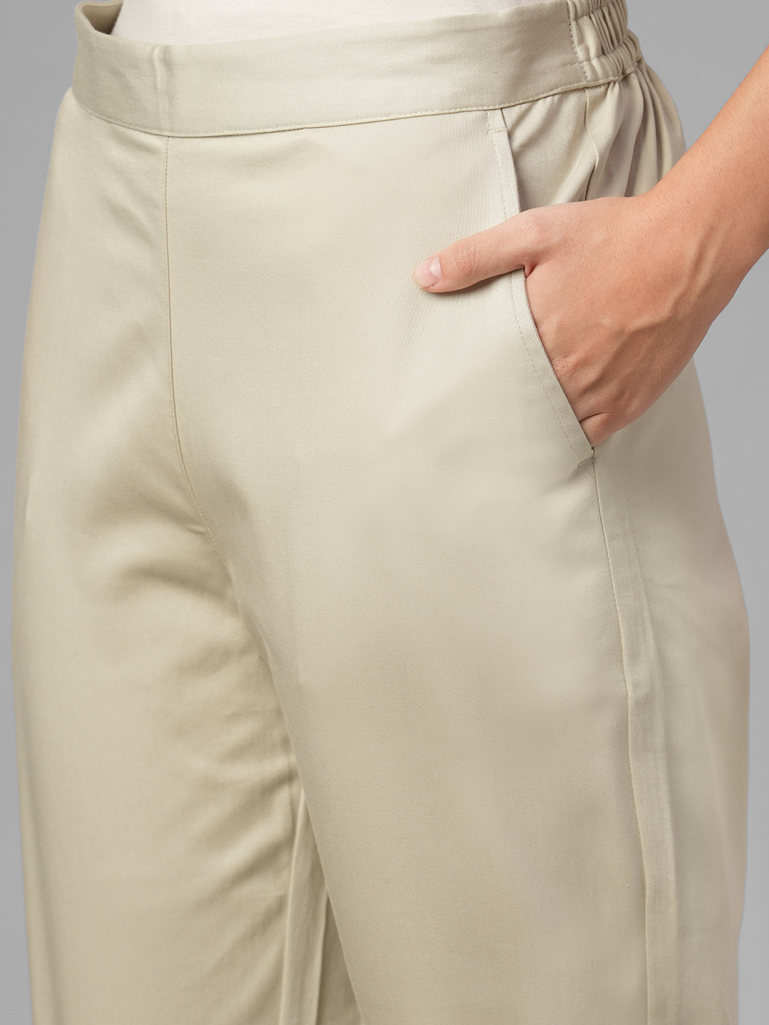 Women's Beige Cotton Lycra Regular Fit Pant
