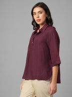 Women's Maroon 100% Linen Boxy Fit Blouse