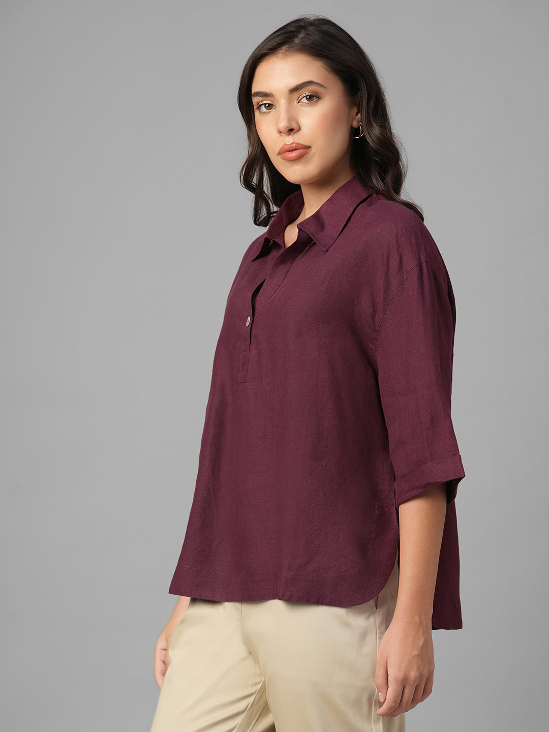 Women's Maroon 100% Linen Boxy Fit Blouse