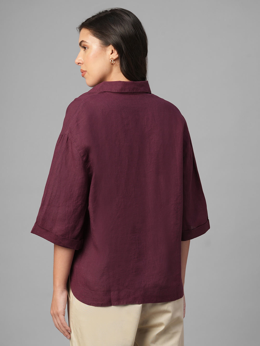 Women's Maroon 100% Linen Boxy Fit Blouse