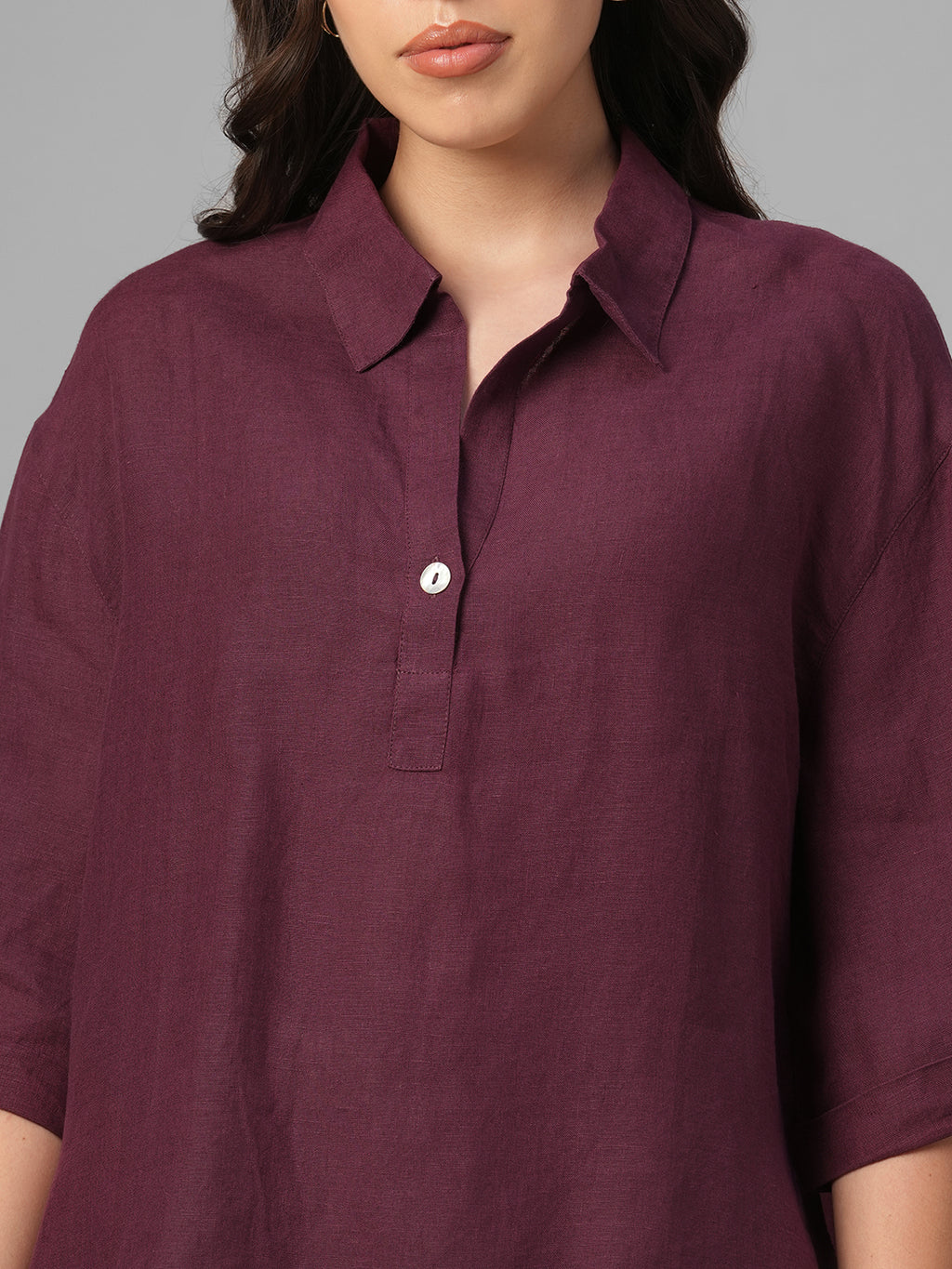 Women's Maroon 100% Linen Boxy Fit Blouse