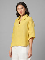 Women's Mustard 100% Linen Boxy Fit Blouse
