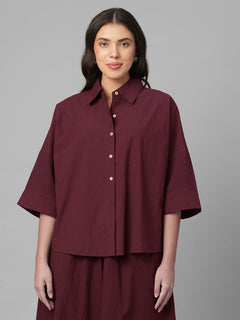 Women's Maroon Cotton Lycra Boxy Fit Blouse