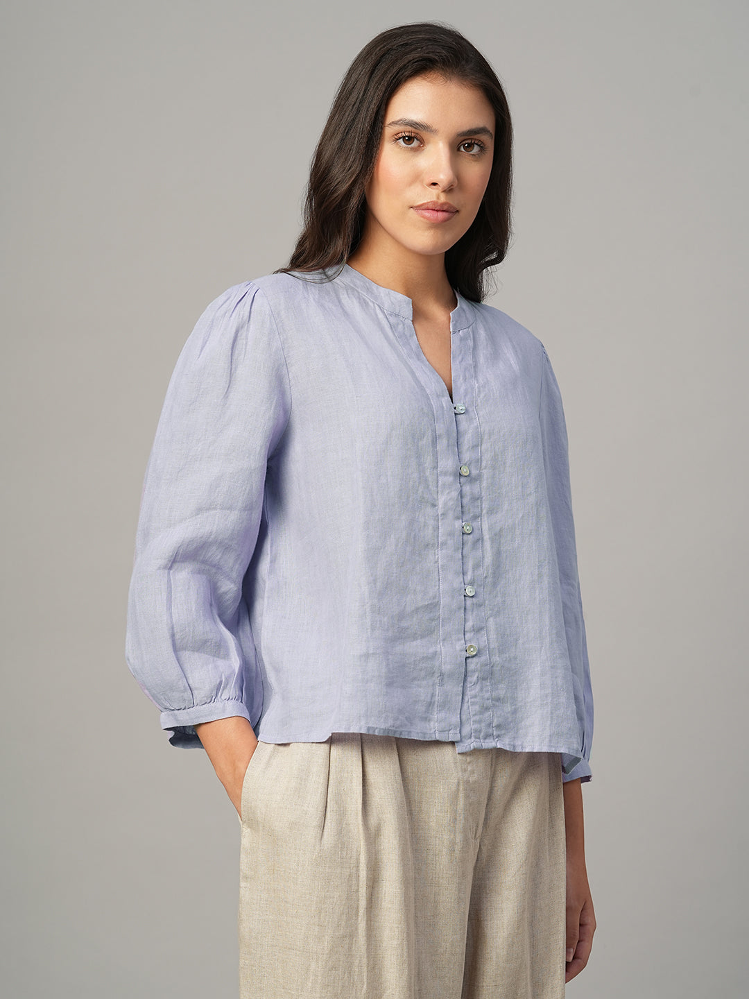 Women's Lilac 100% Linen Regular Fit Blouse