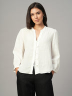 Women's White 100% Linen Regular Fit Blouse