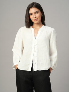 Women's White 100% Linen Regular Fit Blouse