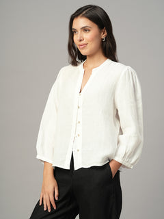 Women's White 100% Linen Regular Fit Blouse