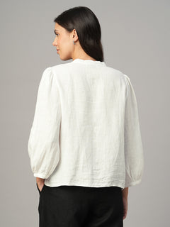 Women's White 100% Linen Regular Fit Blouse