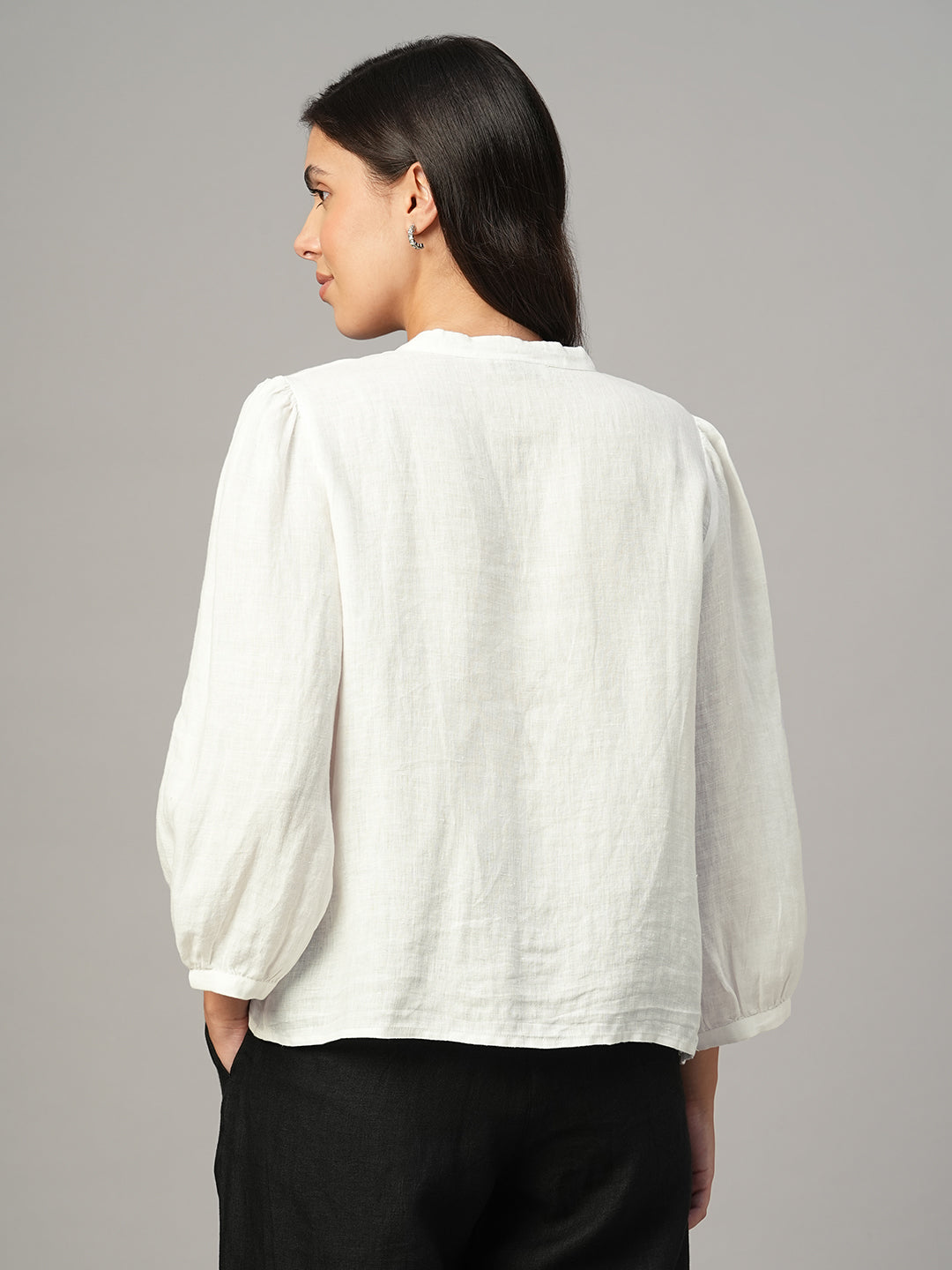 Women's White 100% Linen Regular Fit Blouse