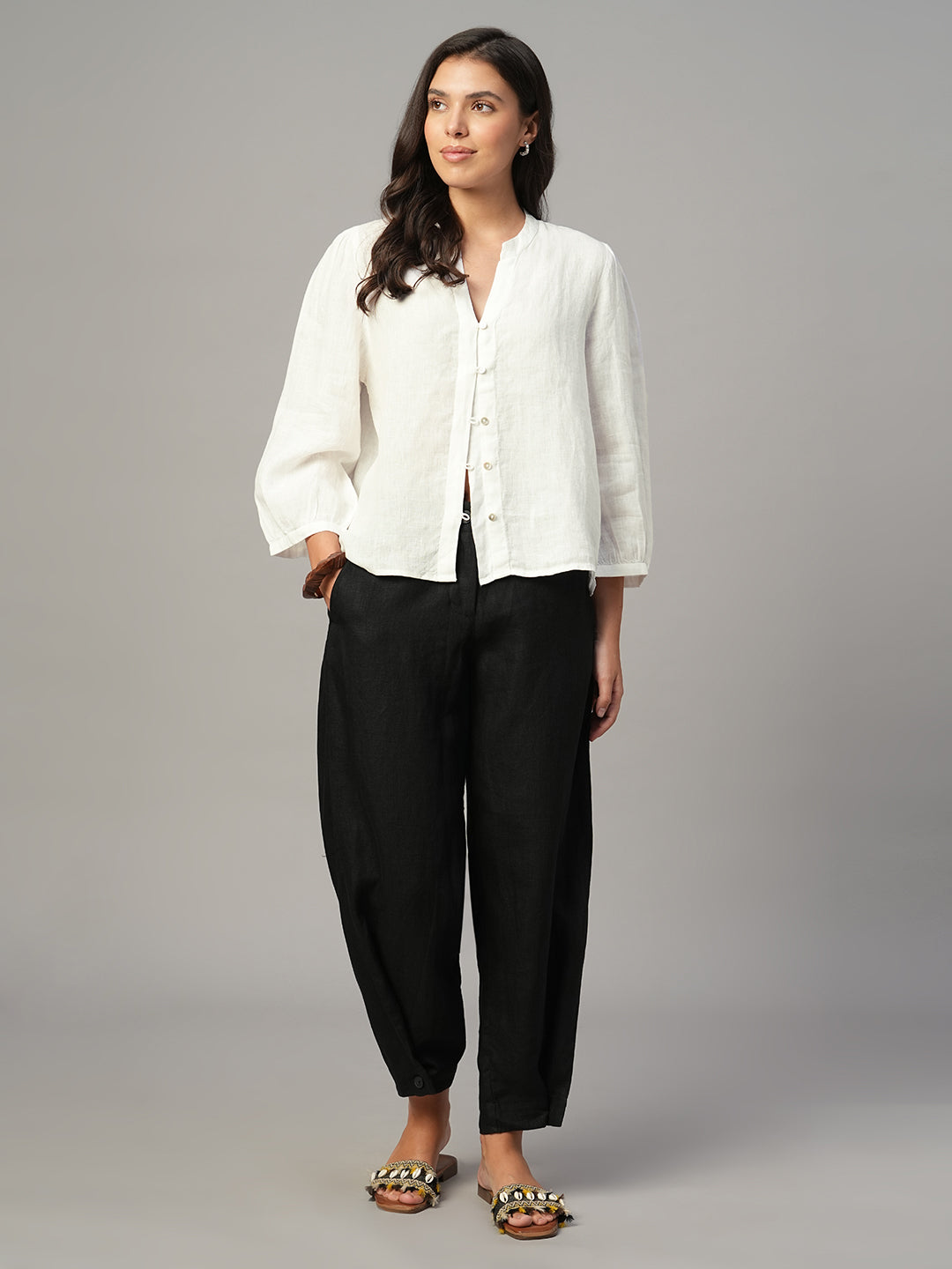 Women's White 100% Linen Regular Fit Blouse